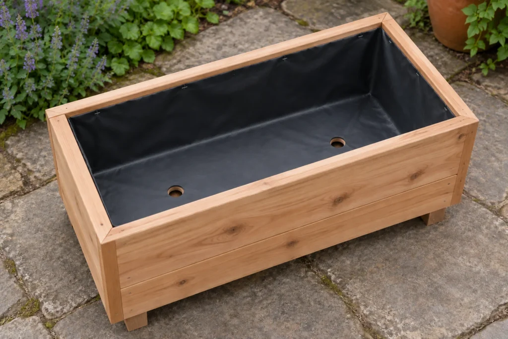 A cedar planter lined with black plastic and open outlets through the liner and timber base