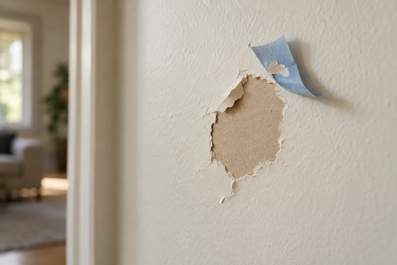 Small patch of paint pulled from a warm off-white wall, exposing brown drywall facing paper