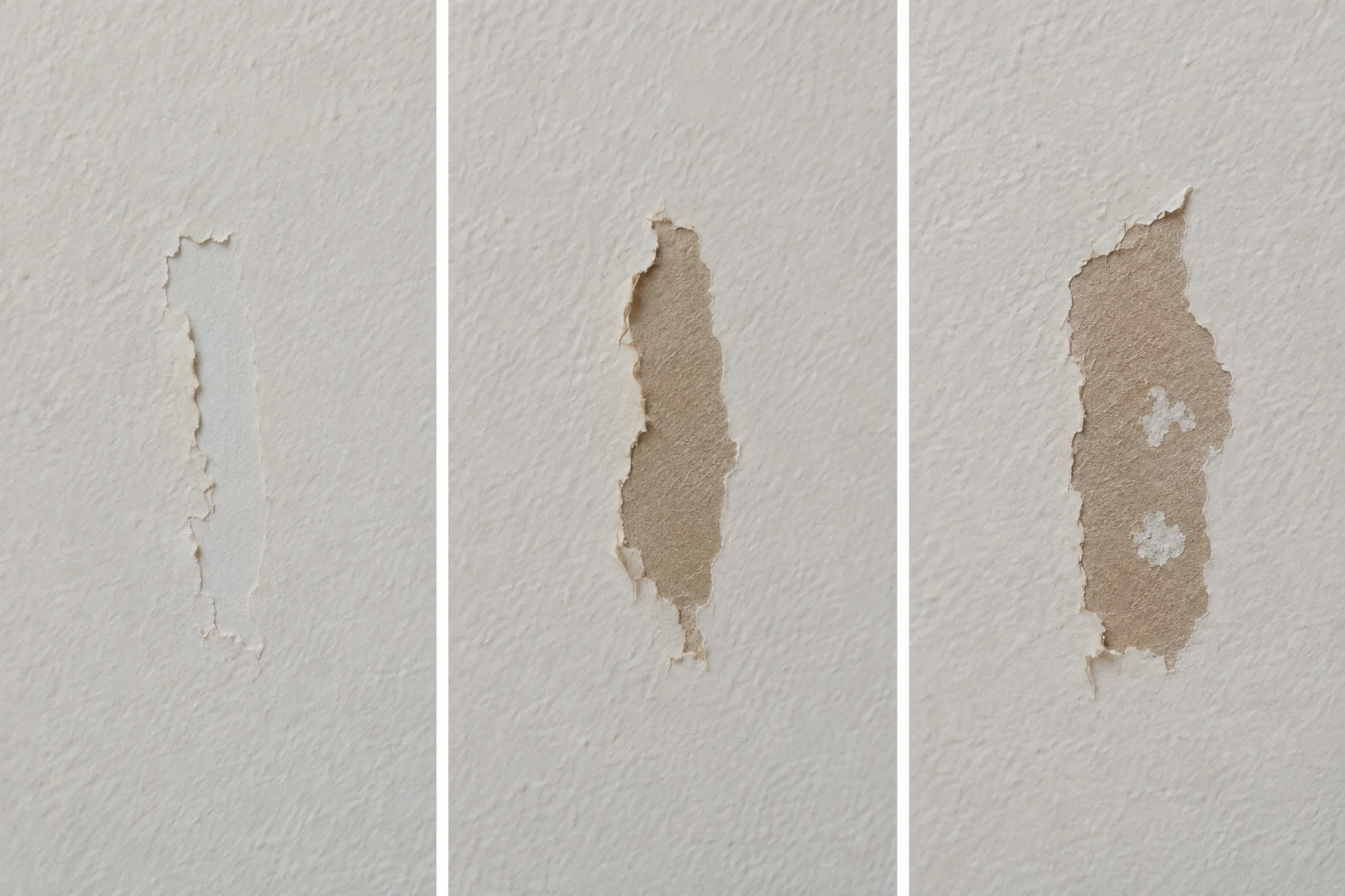 Three close-up examples of missing paint, torn drywall paper and a gouge into the gypsum core