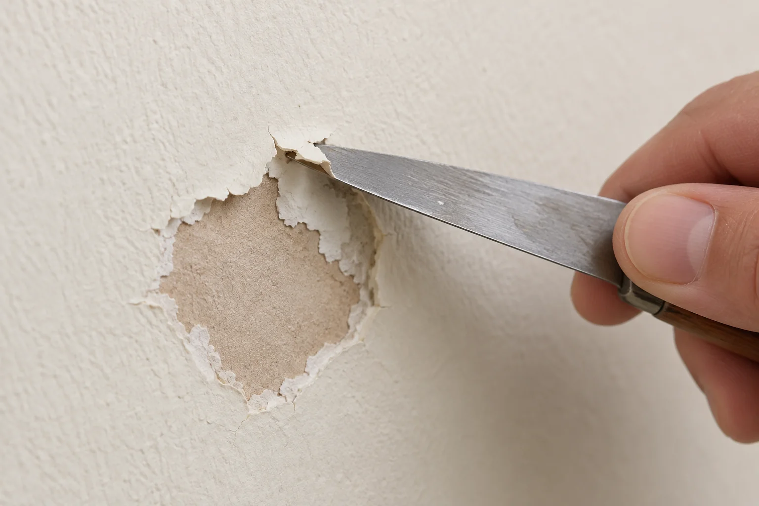 Small filling knife lifting an already detached flake from the edge of damaged wall paint