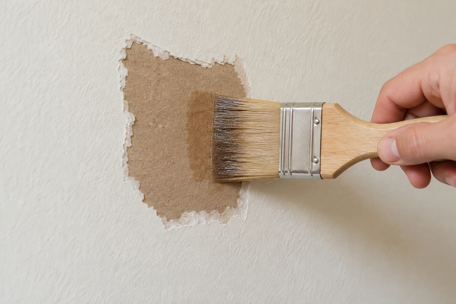 Small brush applying a thin clear sealer over exposed brown drywall facing paper