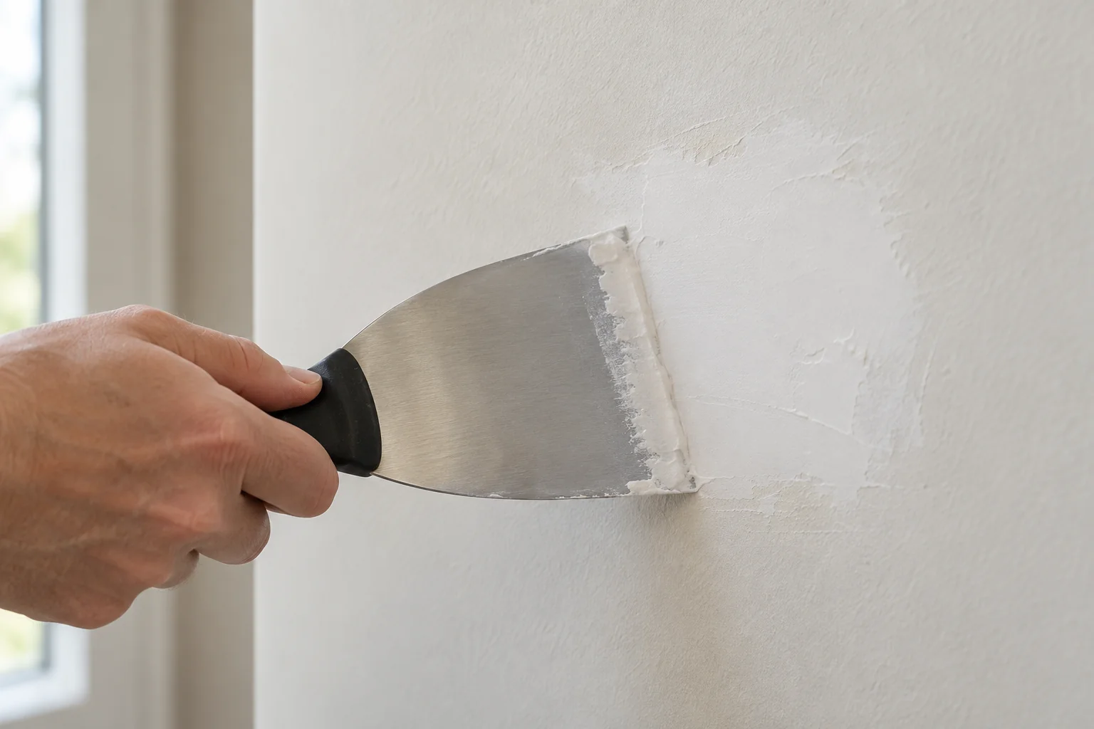 Broad filling knife spreading a thin skim of white filler over a small wall repair