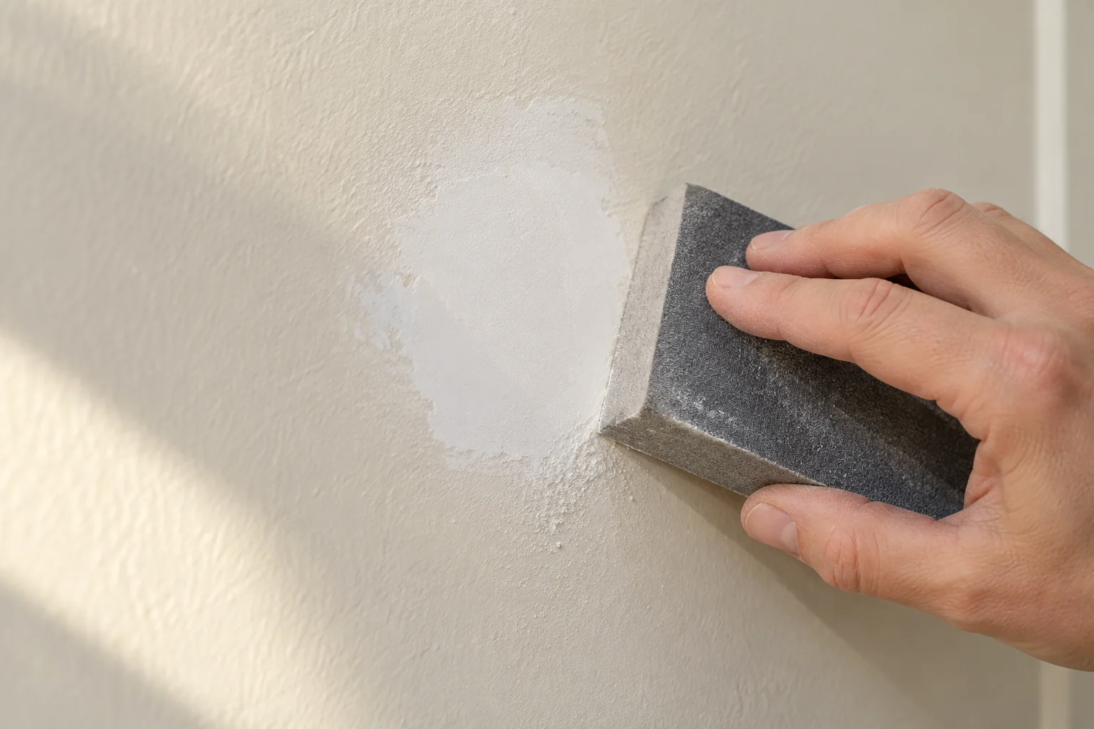 Hand using a flat sanding block lightly over a dry filled patch in a wall