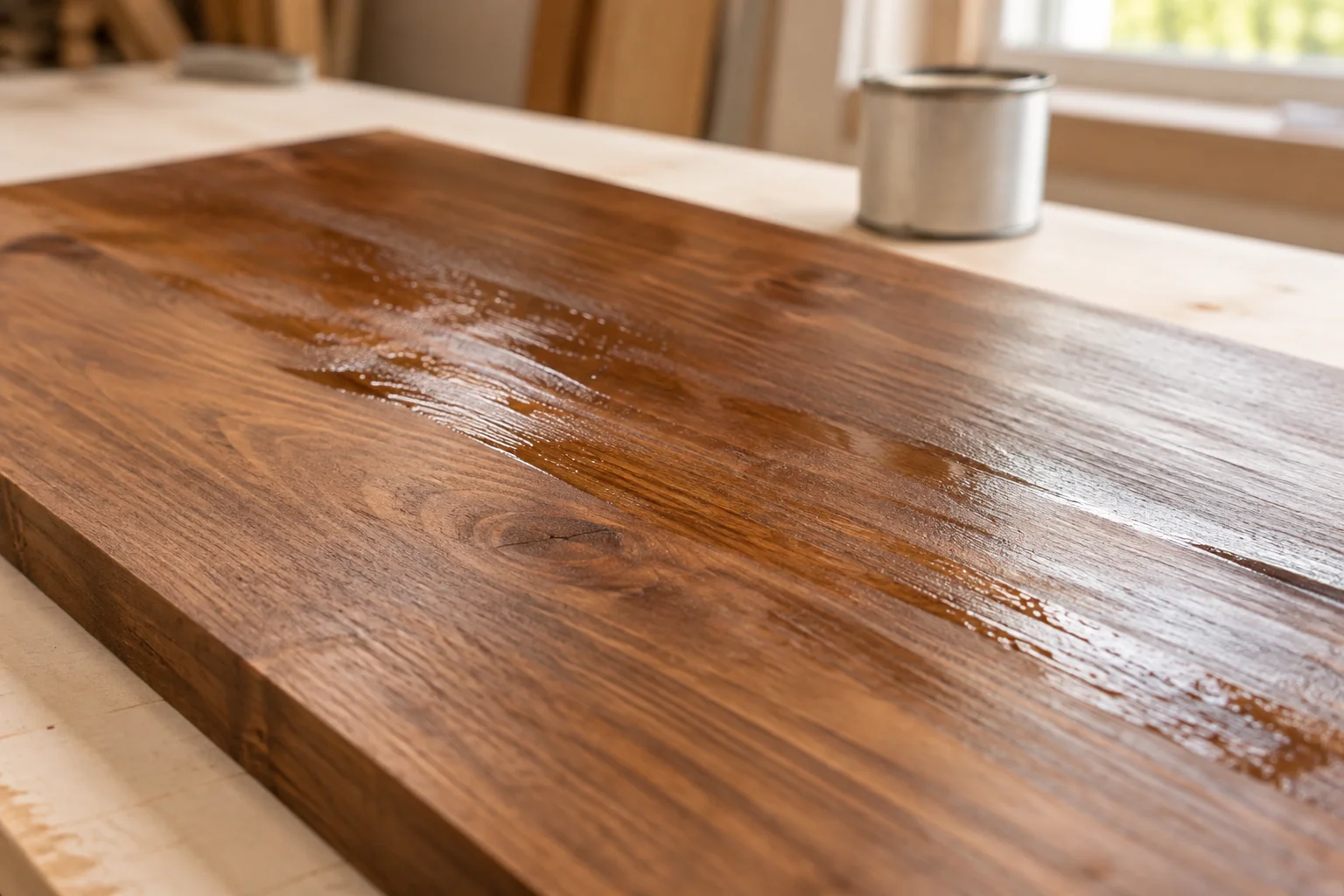 Brown-stained pine board with uneven glossy patches of residue on the surface