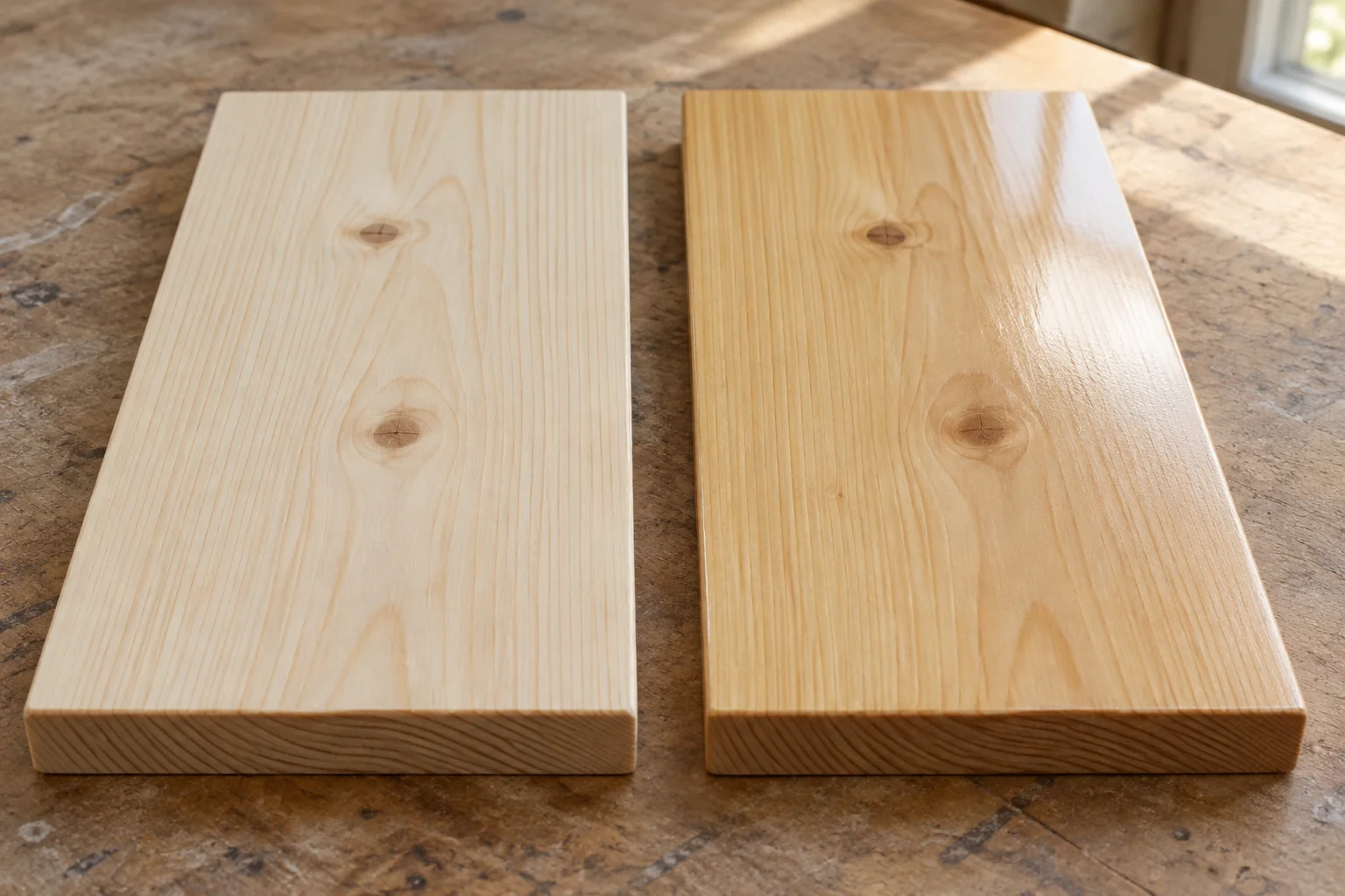 Two matching wood samples showing a matte bare surface and a clear-coated surface