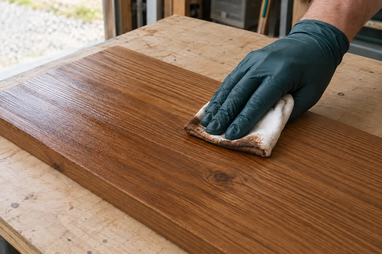 Nitrile-gloved hand wiping excess brown penetrating stain from a pine board with a folded cloth