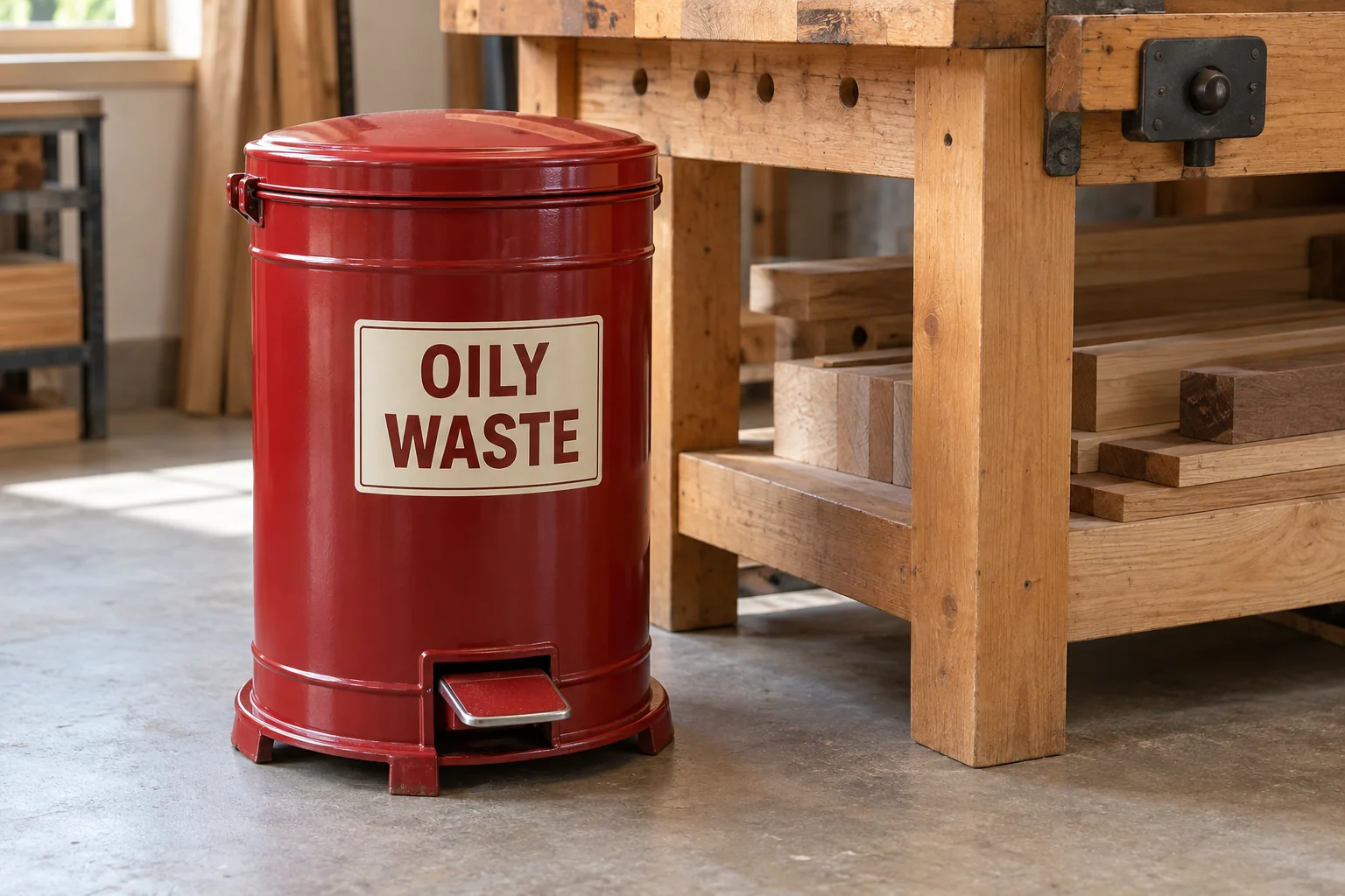 Closed metal oily-waste container beside a wood-finishing bench