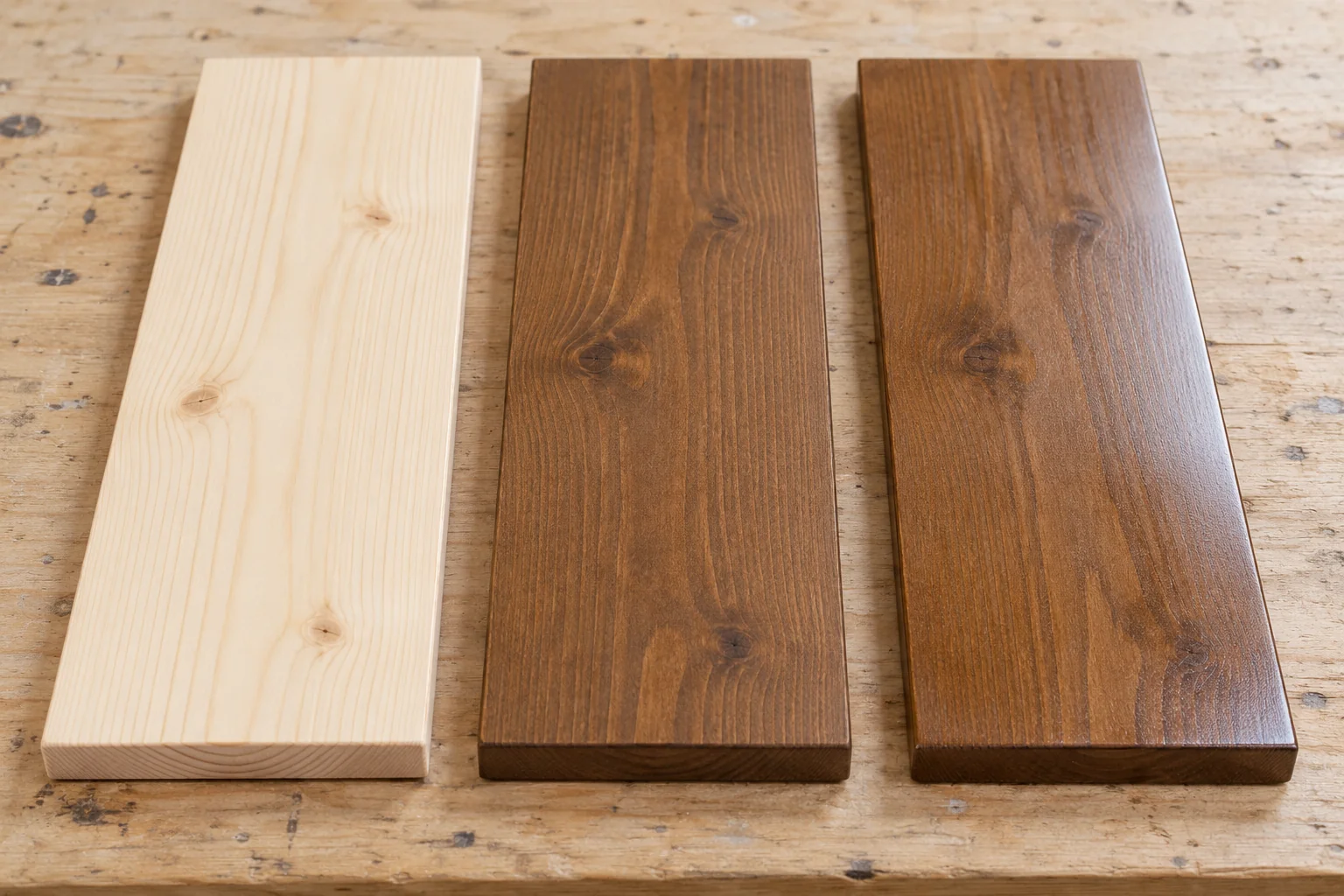 Three matching sample boards showing bare wood, stain, and stain with a clear finish