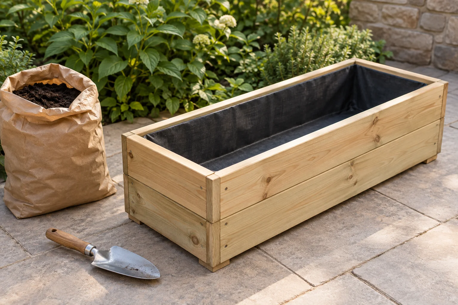 Empty rectangular timber planter beside an open bag of potting mix and a hand trowel