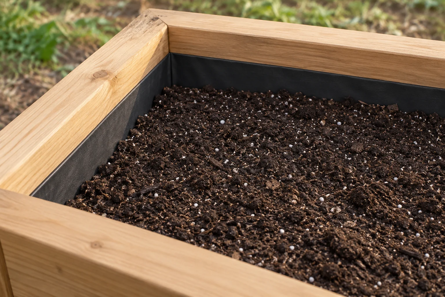 Potting mix finishing below the rim of a timber planter, leaving watering space