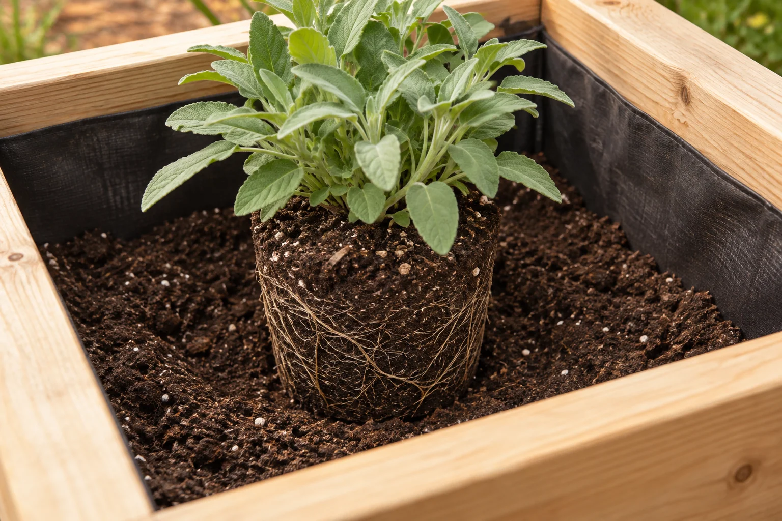 Compact plant rootball resting inside a timber planter with space around it for fresh growing medium