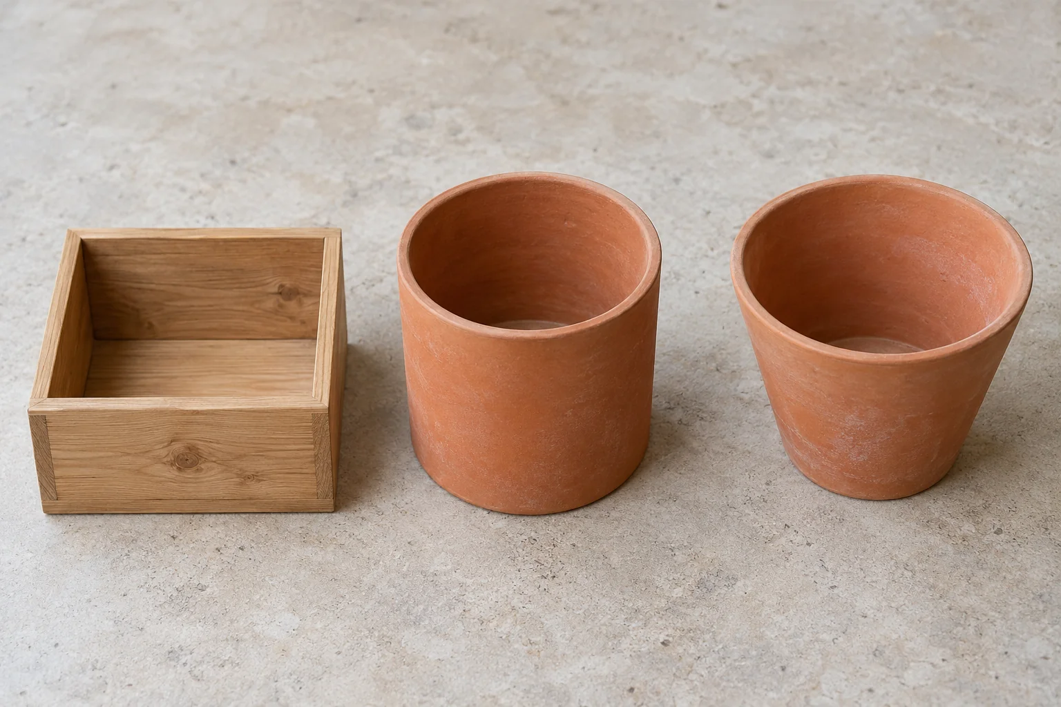 Rectangular planter, straight-sided round pot and tapered round pot shown side by side