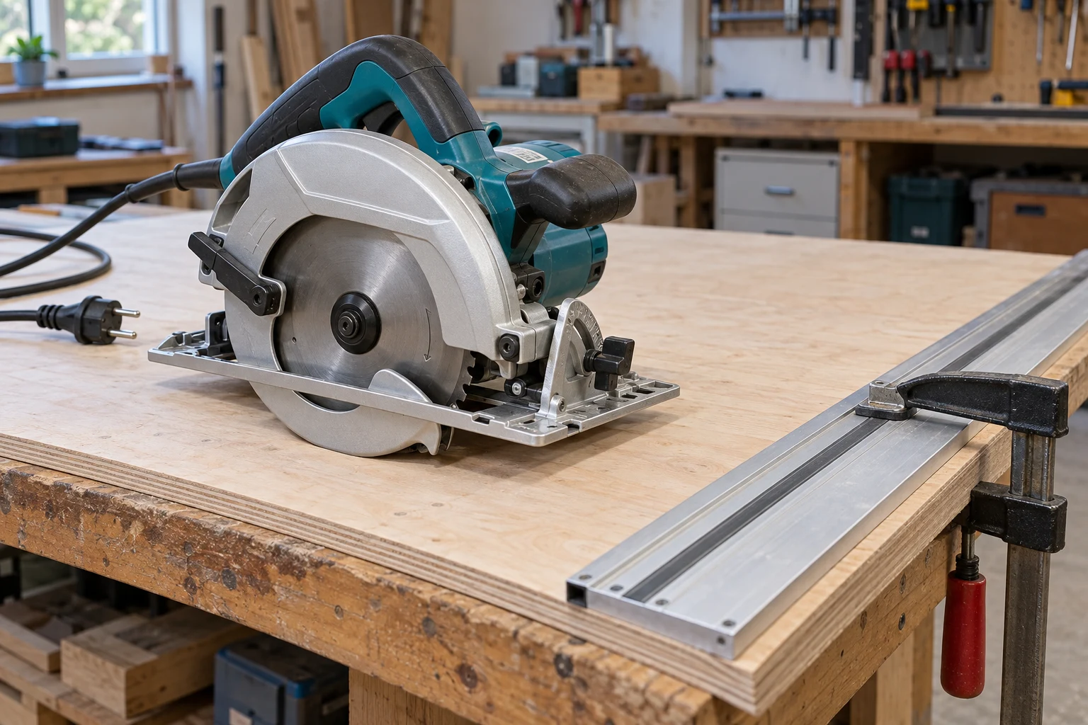 Corded circular saw parked on a supported plywood sheet beside a clamped straightedge
