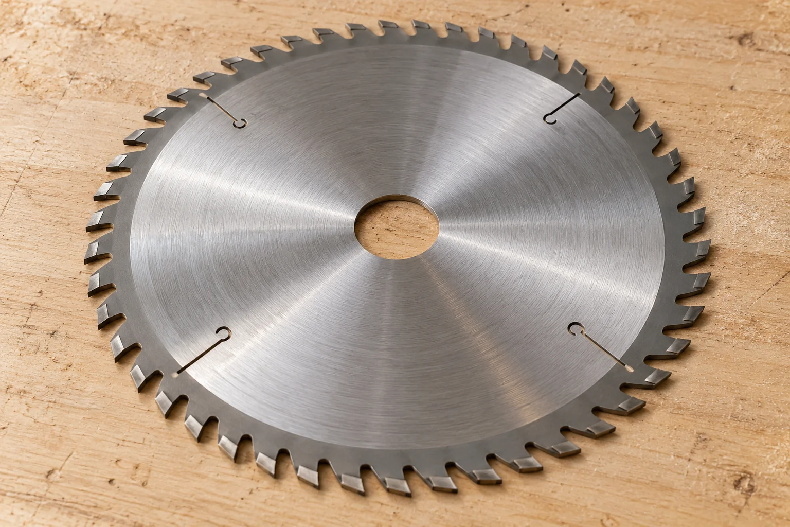 Circular-saw blade showing its centre bore and carbide-tipped teeth