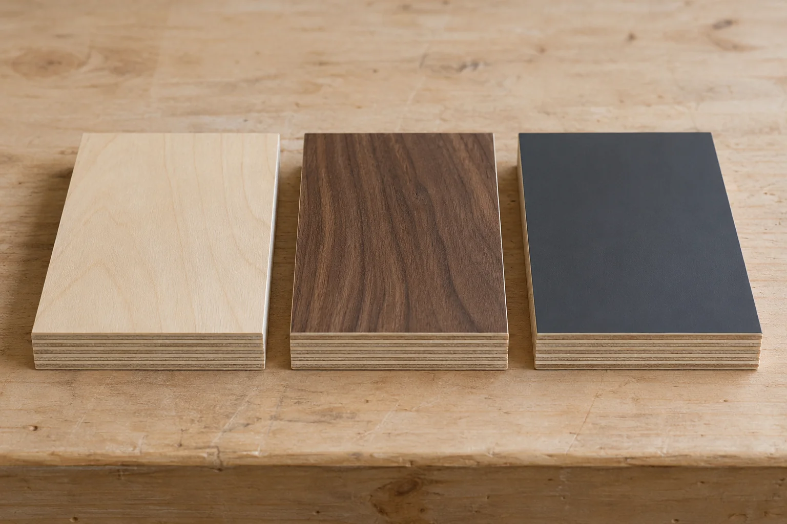 Three plywood samples with plain wood, decorative wood veneer and laminate faces
