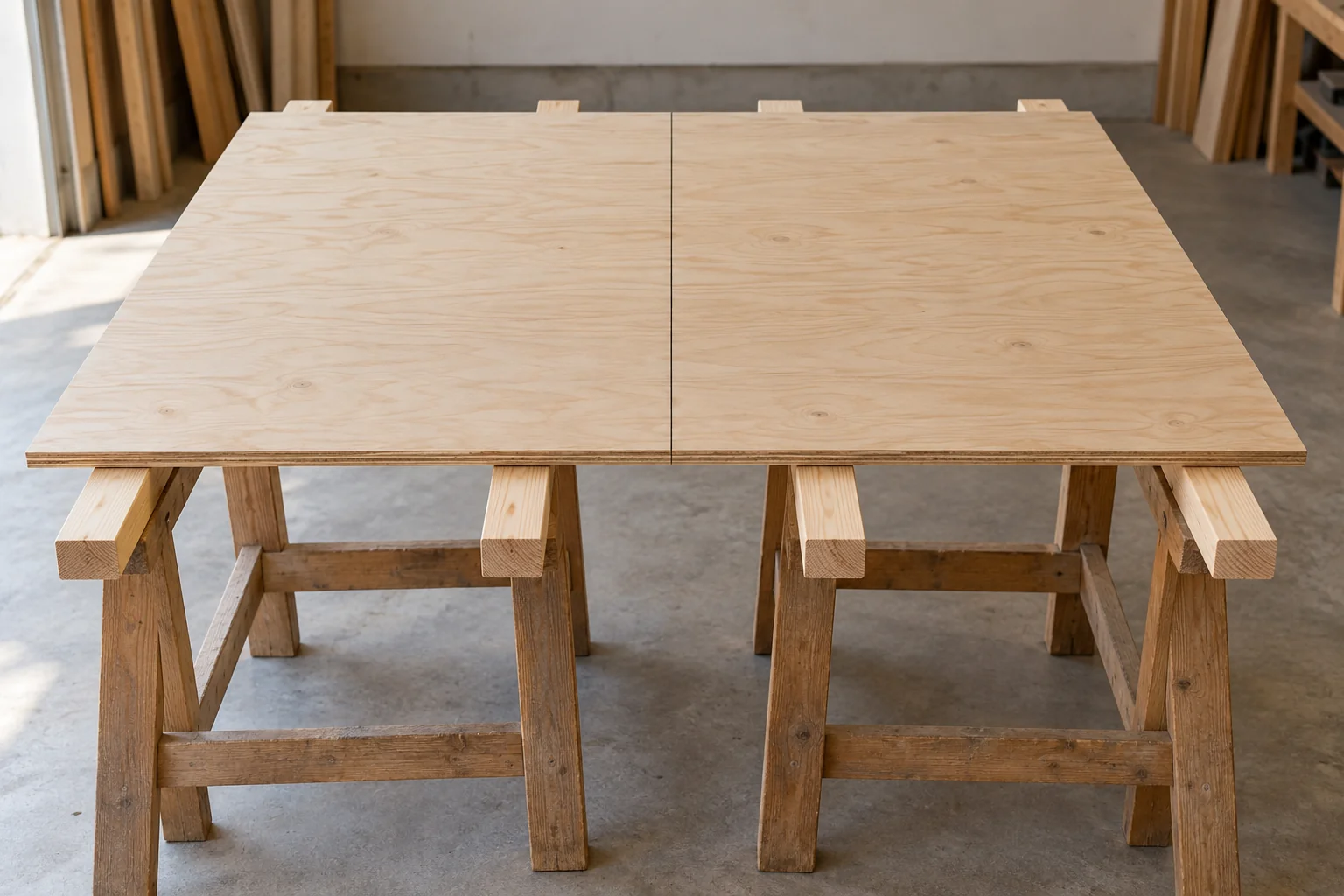 Plywood supported on four timber rails with a clear central cut path