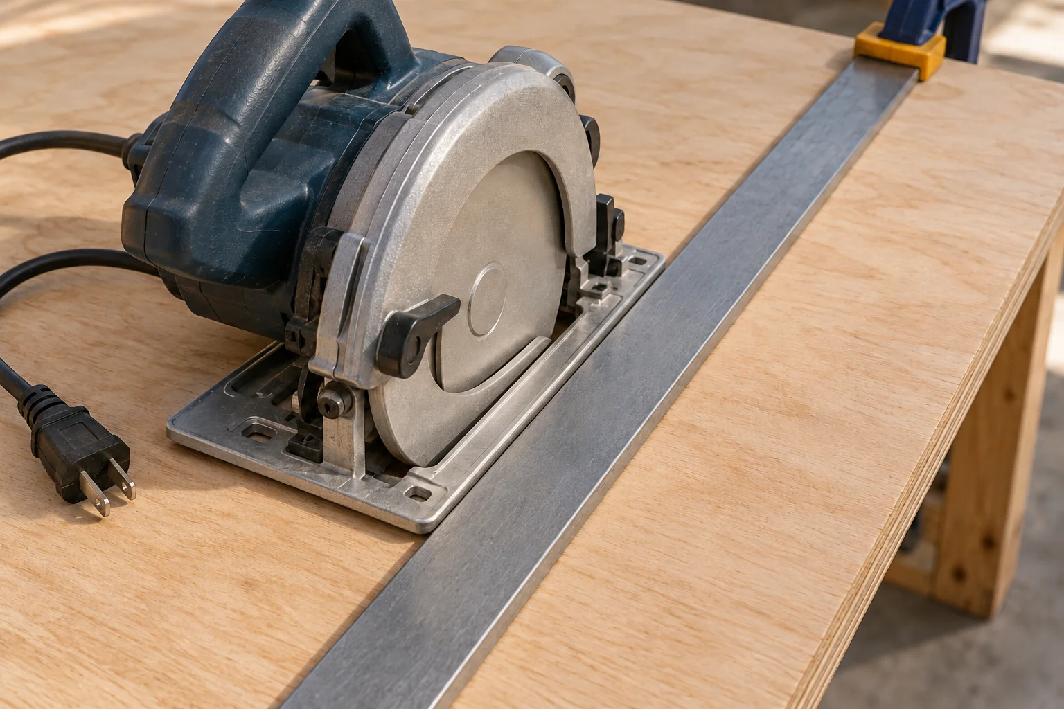Unplugged circular saw with its base flat on plywood and against a clamped straightedge