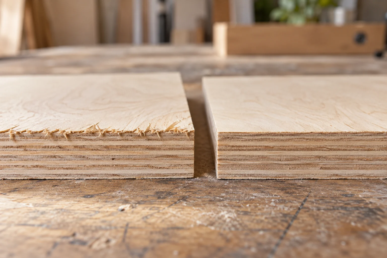 Two matching plywood sample edges, one with chipped face veneer and one with a cleaner cut