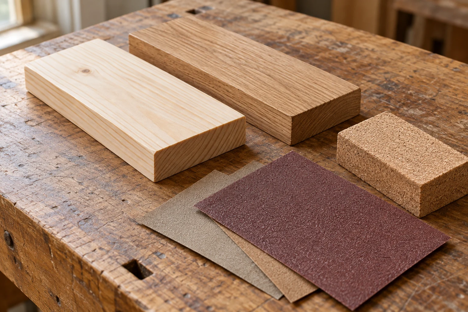 Pine and oak samples beside abrasive sheets and a cork sanding block