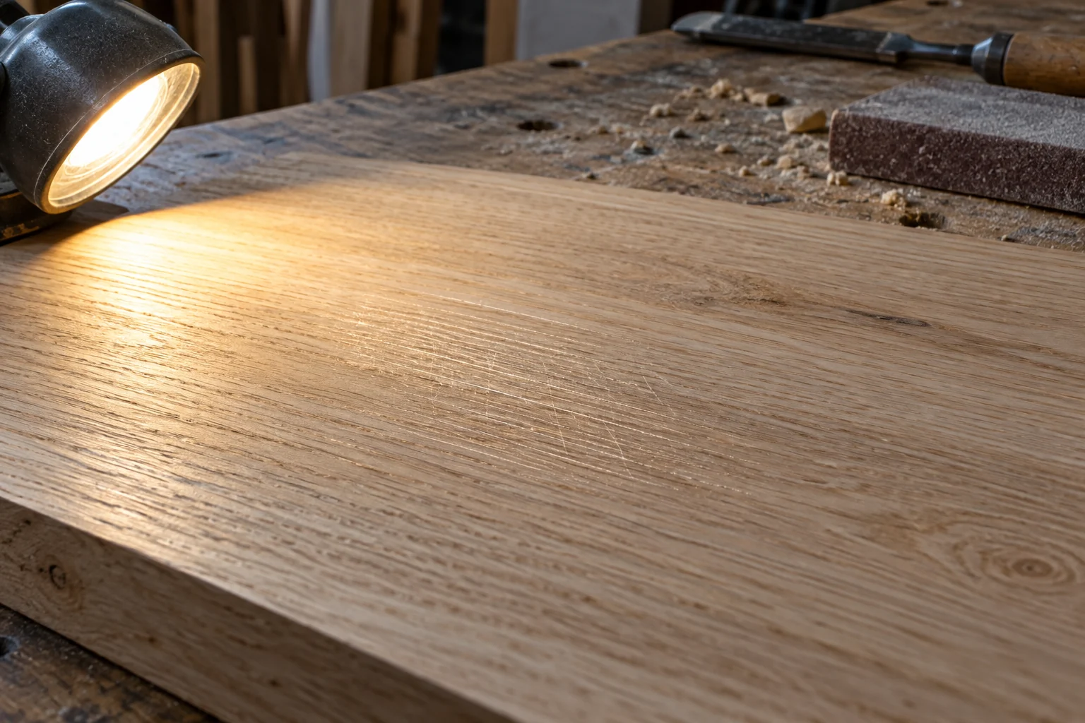 Low side light picks out shallow sanding scratches against the wood grain