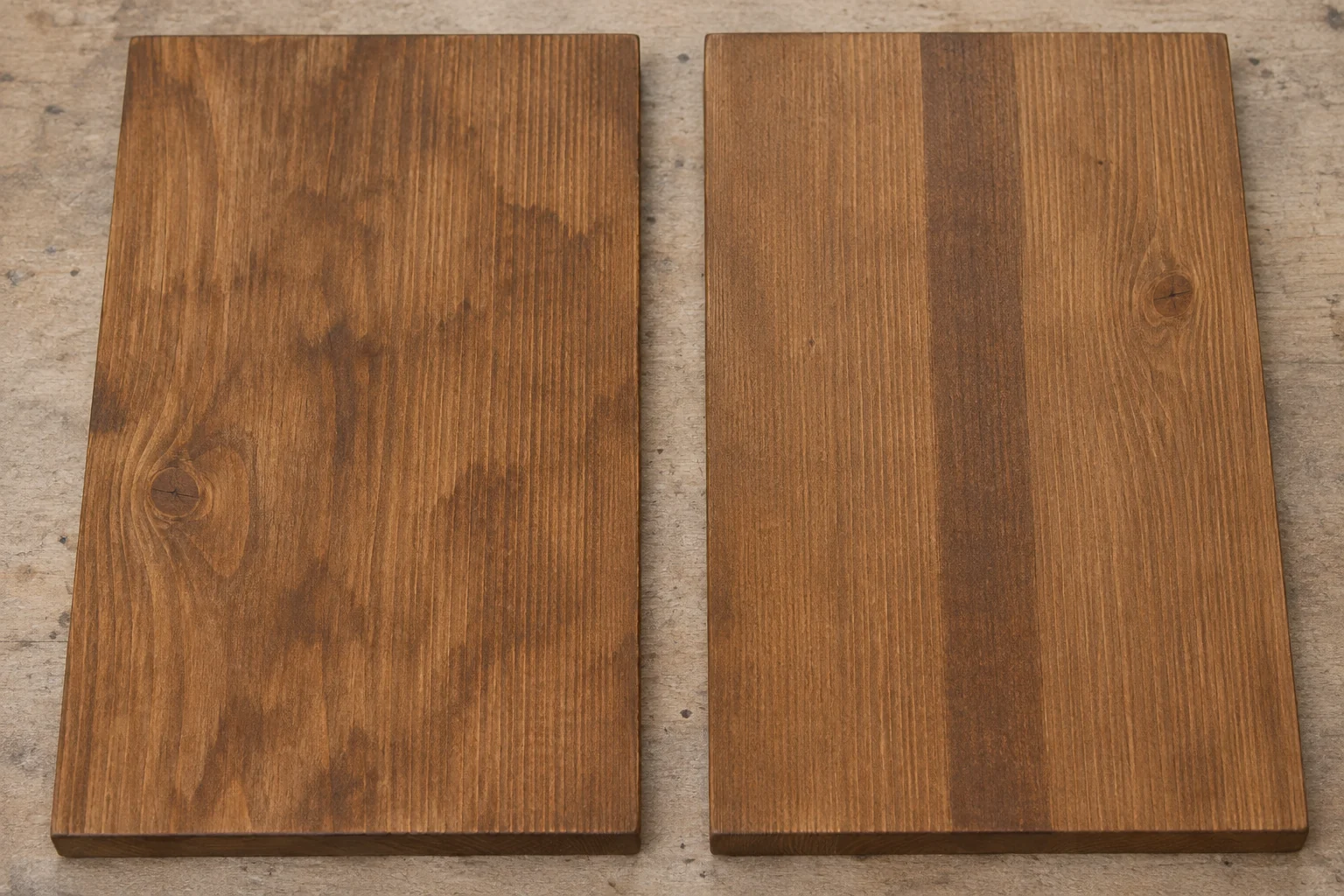 Two stained pine samples comparing cloudy blotchiness on the left with a straight overlap mark on the right