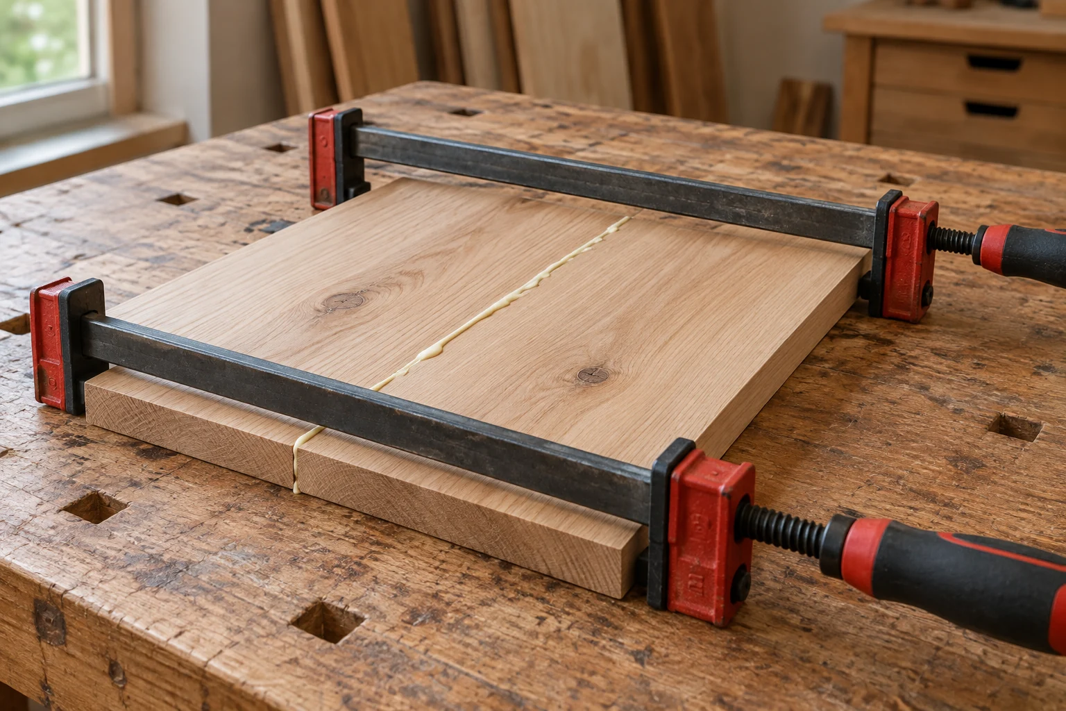 Two aligned timber boards held together by parallel bar clamps