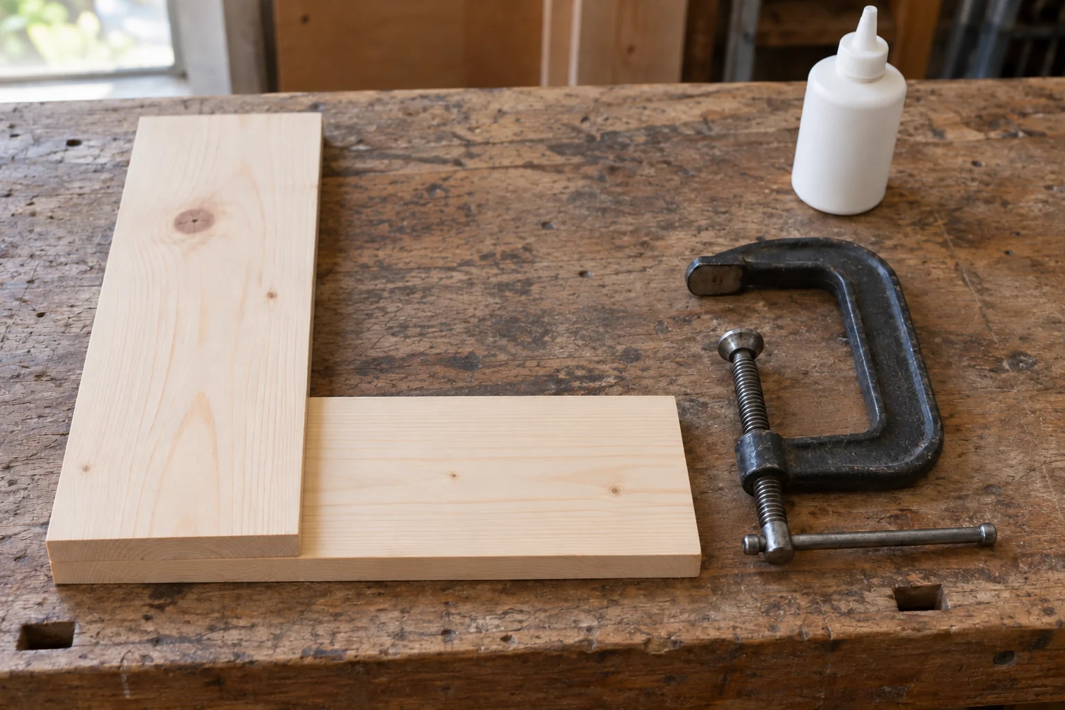Two thin boards dry-fitted in an overlapping joint beside a G-clamp and closed glue bottle