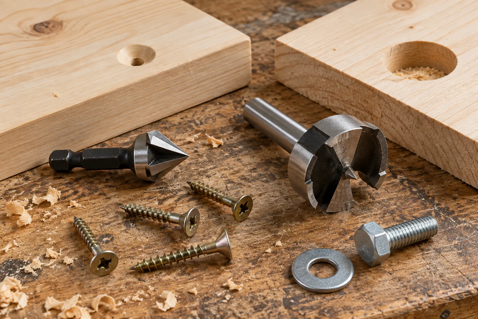 Countersink and flat-bottom boring tools beside screws, a bolt and washer