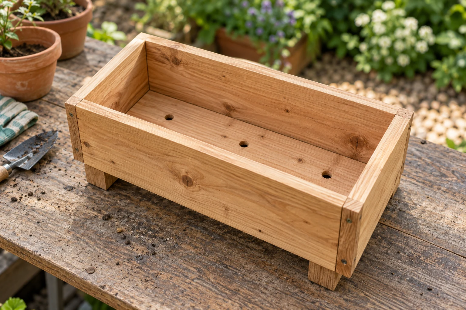 An empty wooden planter with visible base outlets and clearance underneath