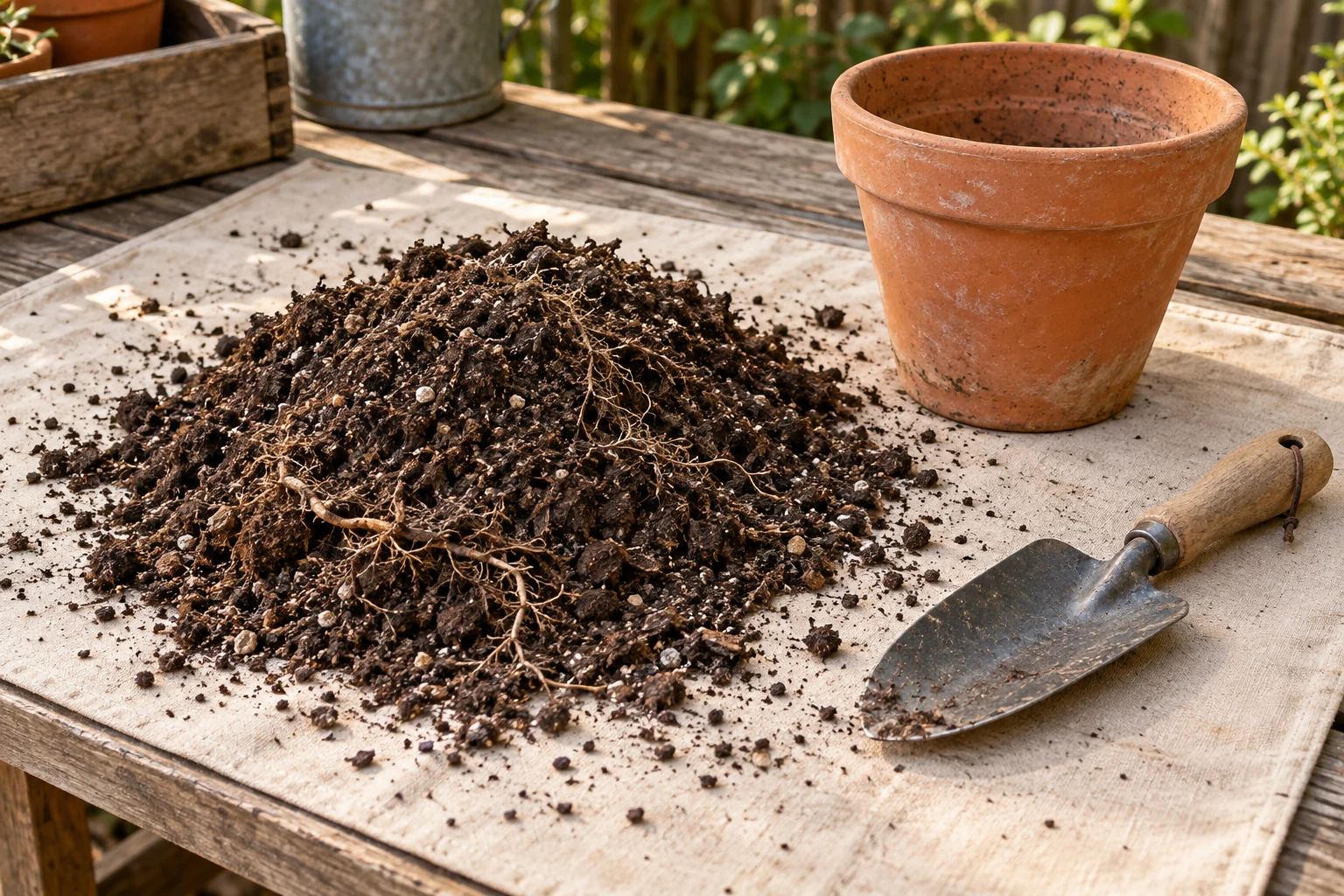 Spent potting mix and old roots on a clean sheet beside an empty pot