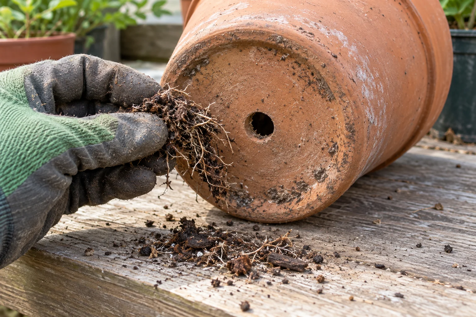 A gloved hand holding roots removed from the open drainage hole of a terracotta pot
