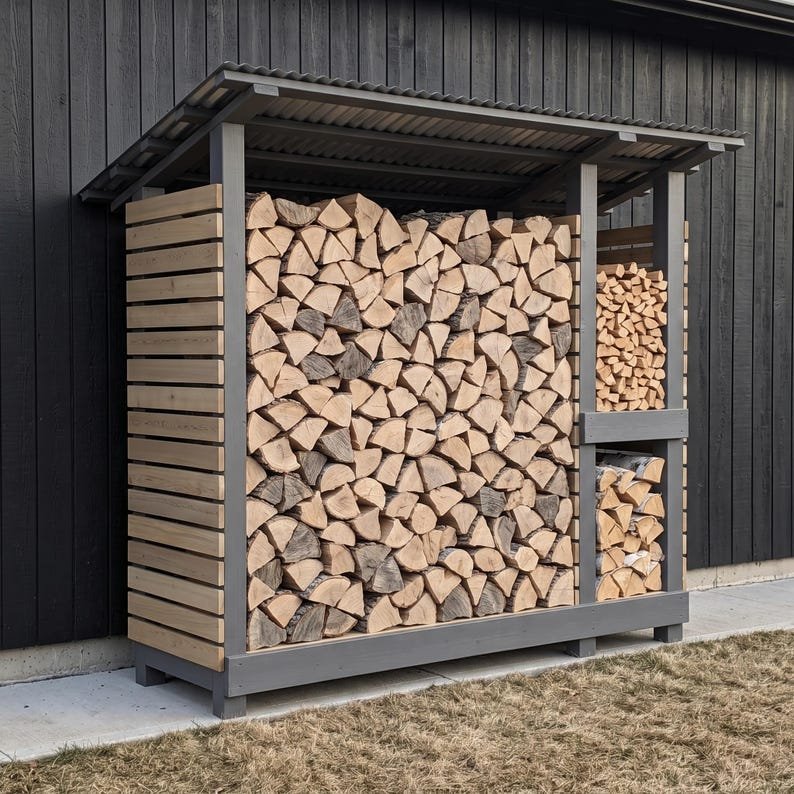 A cedar log store with a wide firewood bay, a narrow kindling cubby and a sloping metal roof