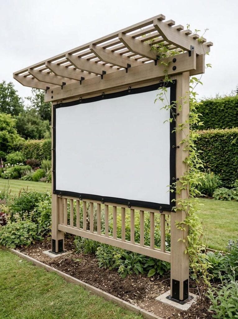 A two-post cedar pergola with an open slat roof and a frame for an outdoor projector screen