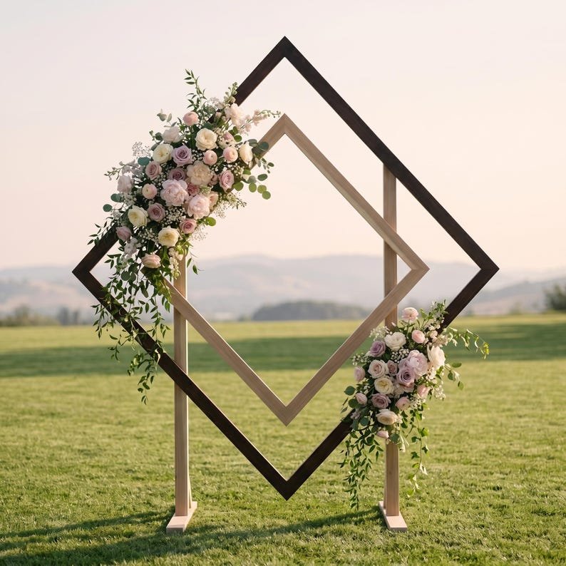 A geometric cedar ceremony backdrop with two nested diamond frames and three size options