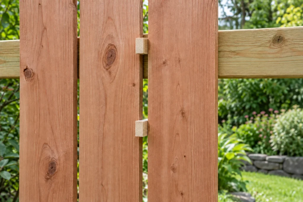 Two matching timber spacers holding a consistent gap between vertical cedar fence boards