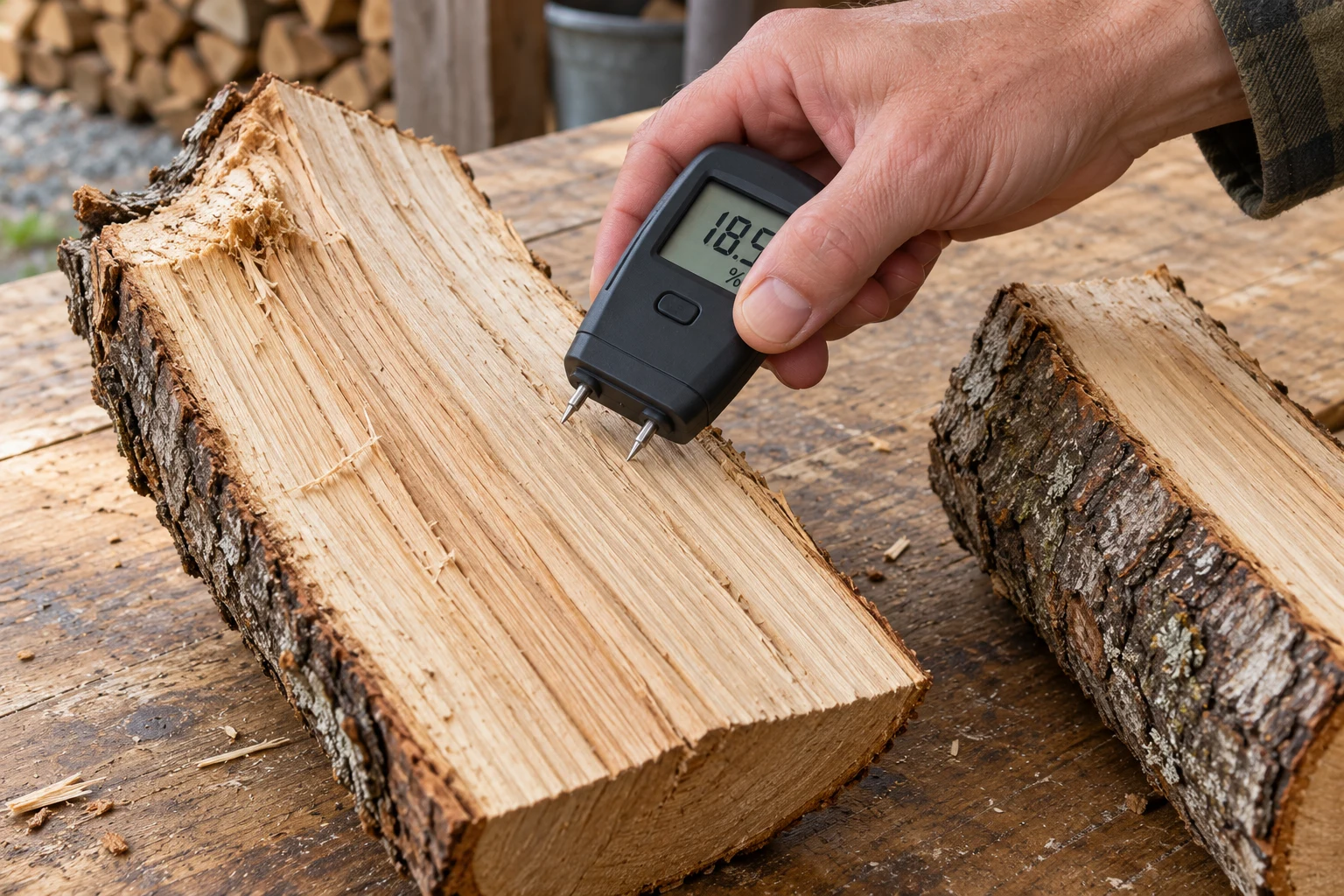 A two-pin wood moisture meter held against the freshly split inner face of a firewood log