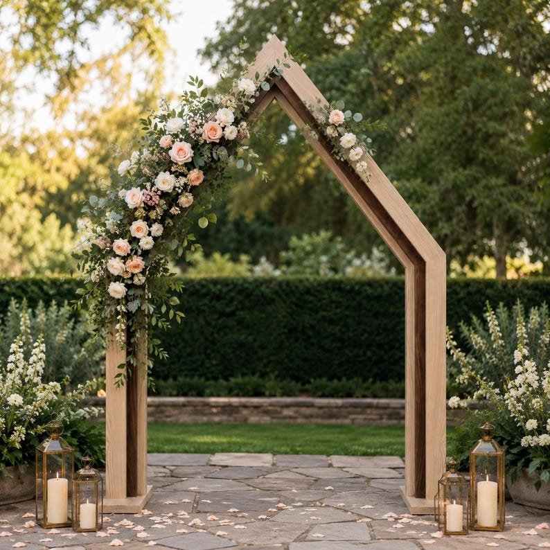 A freestanding ceremony backdrop with three nested peaked timber frames