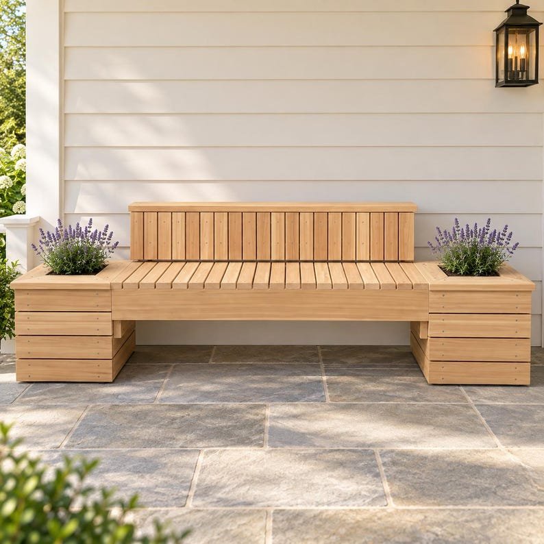 An outdoor timber bench with a planter at each end and a gently reclined slatted backrest