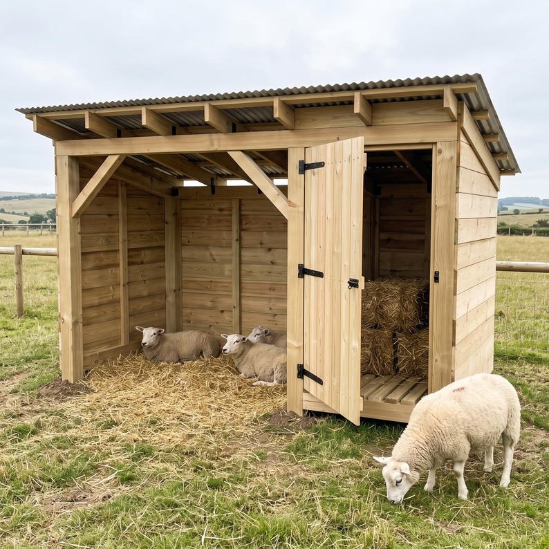 A timber livestock shelter with an open bay and an enclosed storage bay for feed, hay or tools